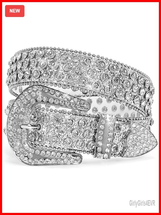Accessories - Rhinestone Bling Studded 1.5" Leather Belt for Jeans with Silver Buckle